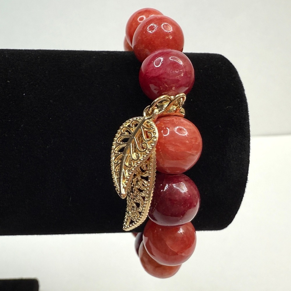 Agate Stone Charm Bracelet Gold Tone Autumn Leaf Red Orange Stretch Jewelry